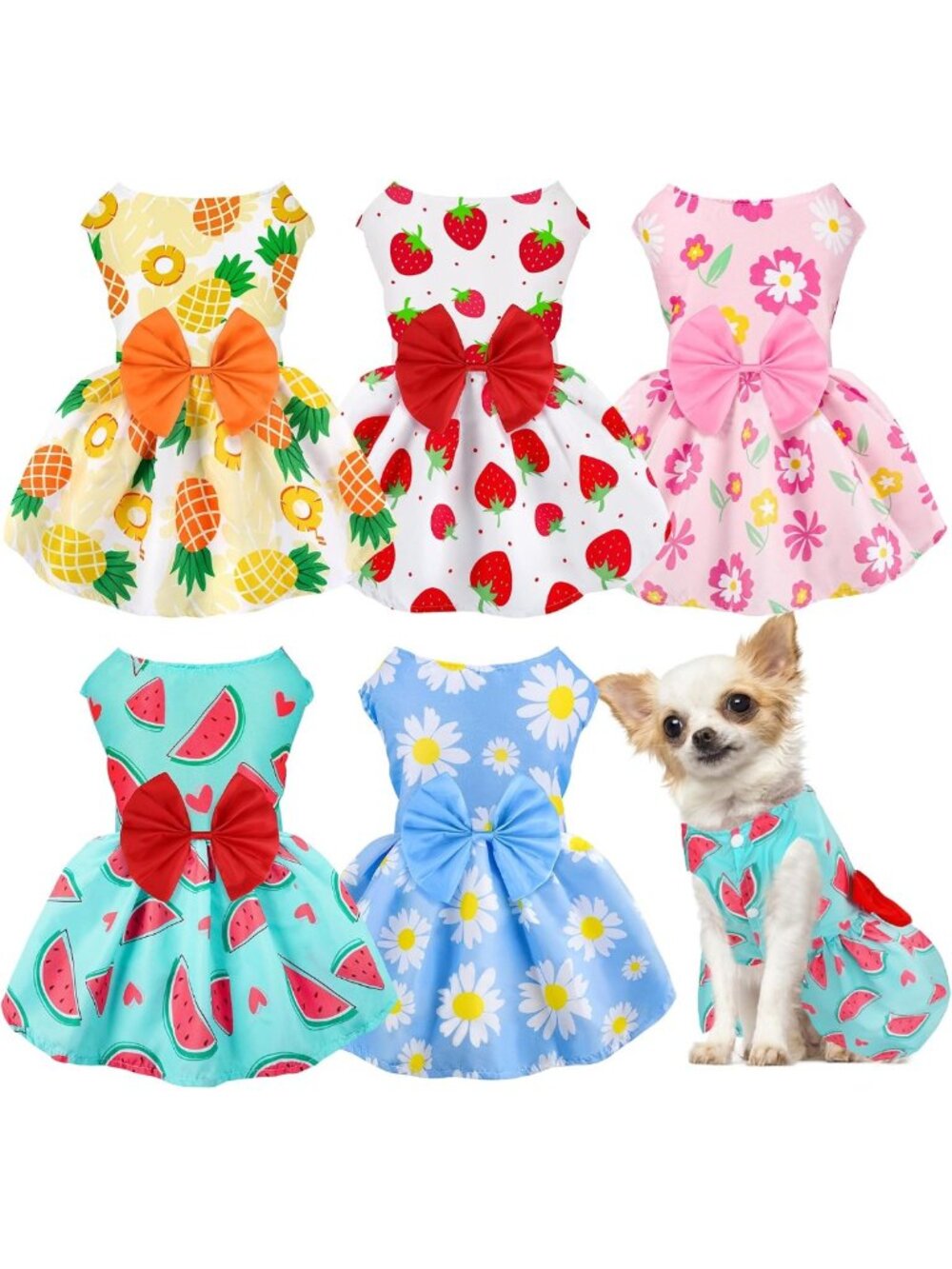 5 Pack Floral Summer Dog Dresses with Bowknot | Cute Outfits for Small Pets